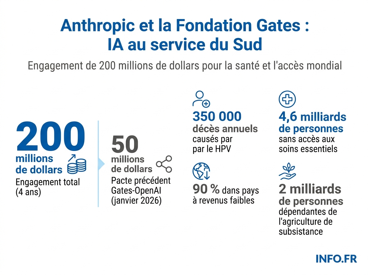 Comparatif chiffré du partenariat Anthropic-Fondation Gates de 200 millions de dollars contre le pacte OpenAI-Gates de 50 millions, avec les populations cibles.