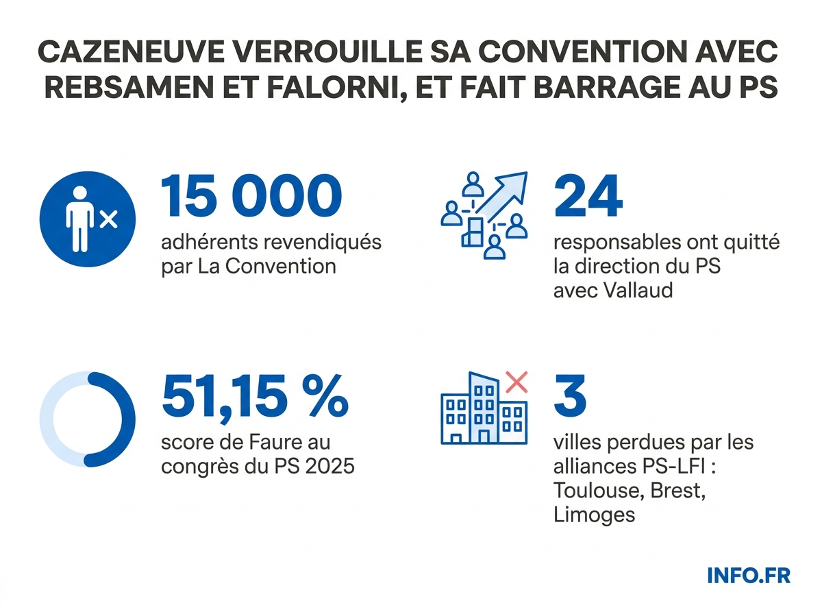 Infographie présentant les forces de La Convention de Bernard Cazeneuve et la fragmentation de la gauche à un an de la présidentielle 2027.