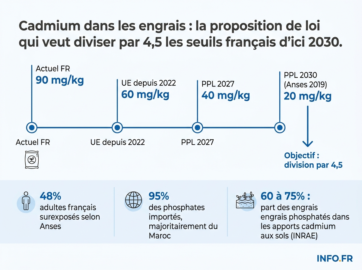 Comparatif des seuils de cadmium dans les engrais phosphatés en France, dans l'UE et selon les trajectoires concurrentes PPL Biteau-Autain et gouvernement.