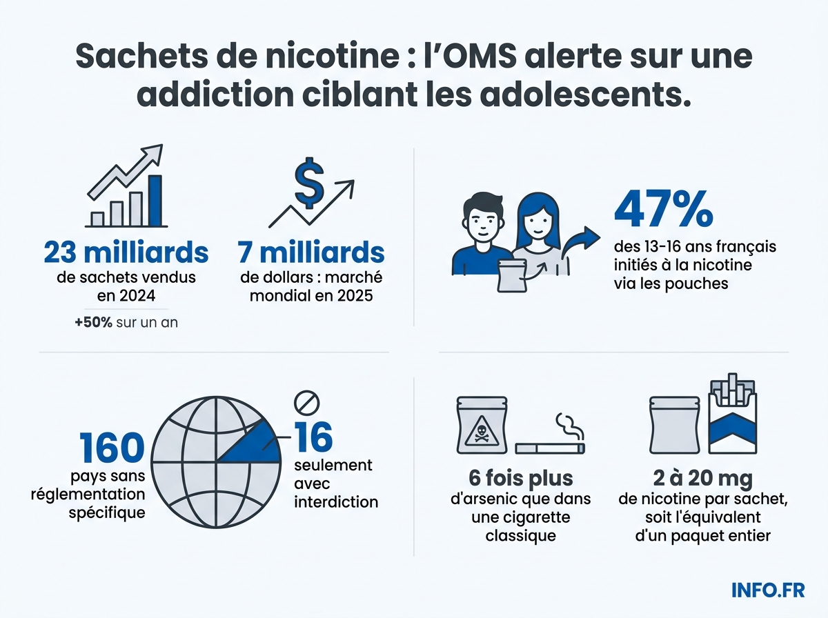 Infographie sur l'explosion mondiale du marché des sachets de nicotine et son impact sur les jeunes, selon le rapport OMS 2026.