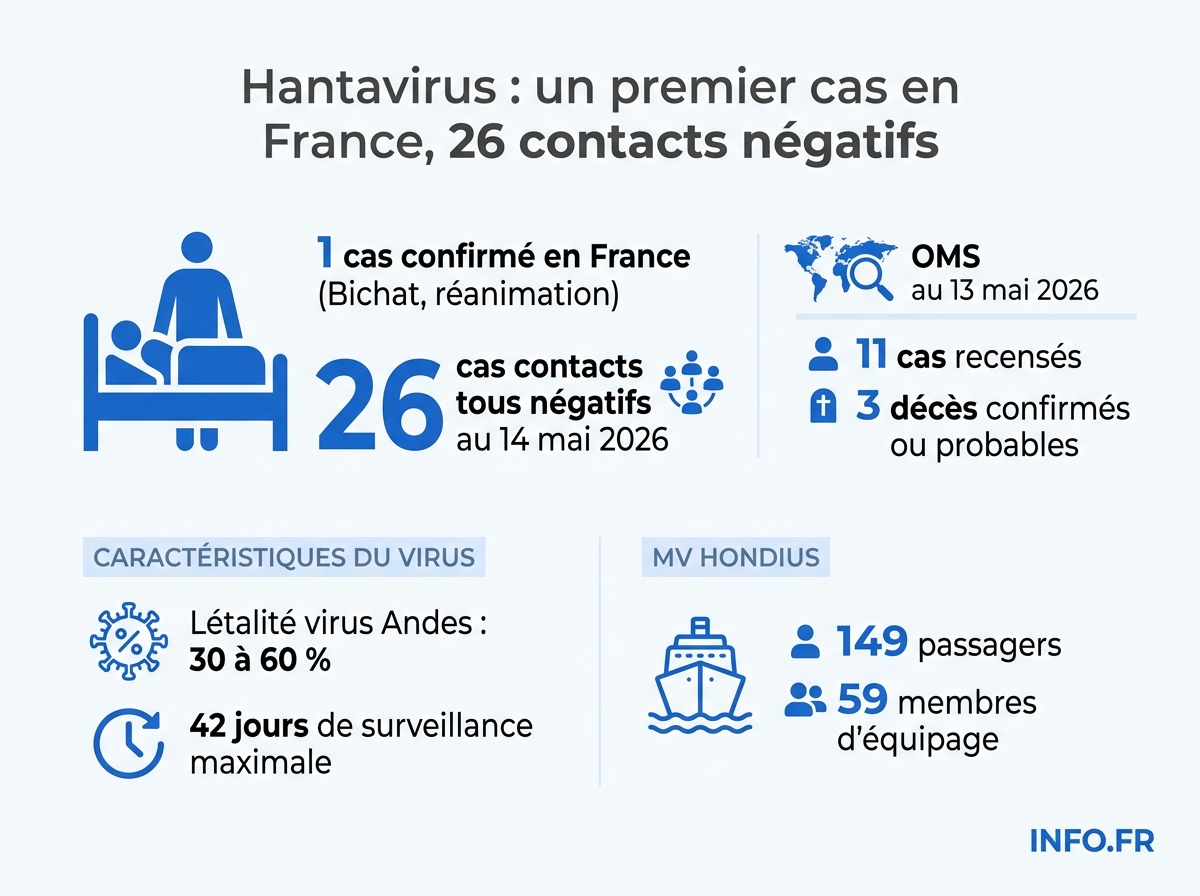 Bilan chiffré du cluster d'hantavirus Andes lié au MV Hondius et de la réponse sanitaire française au 14 mai 2026.