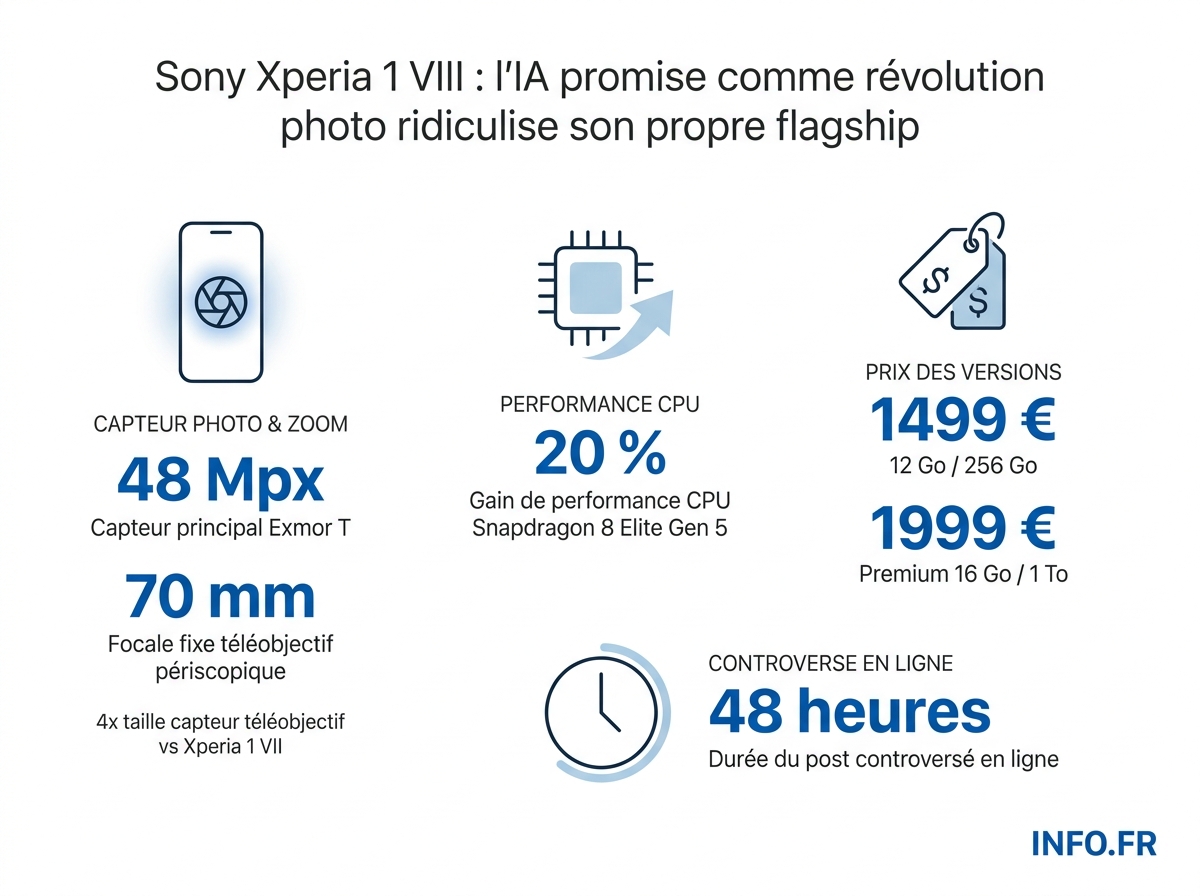 Spécifications techniques et chiffres clés du Sony Xperia 1 VIII et de la polémique autour de son AI Camera Assistant.