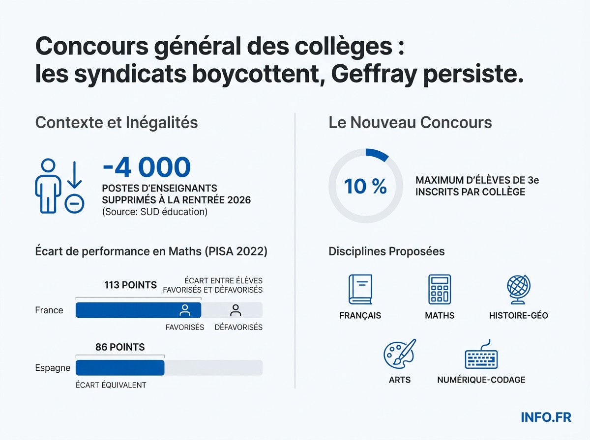 Concours général des collèges 2027: chiffres clés du dispositif Geffray et contexte des inégalités scolaires françaises.