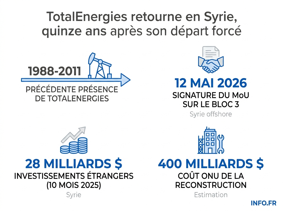 Chiffres clés du retour de TotalEnergies en Syrie et du contexte économique post-Assad.