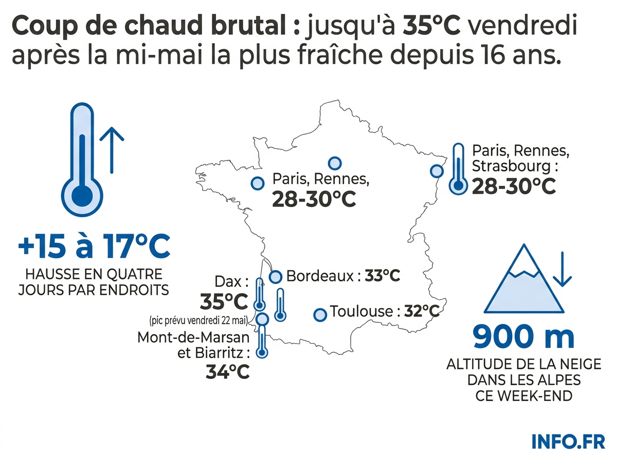 Carte des températures maximales prévues en France pour vendredi 22 mai 2026, avec un pic à 35°C dans le sud-ouest.
