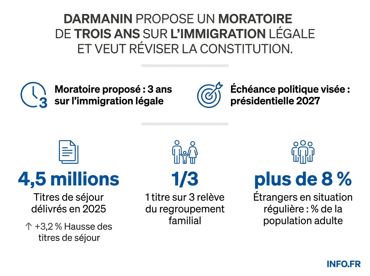 Les chiffres clés du moratoire sur l'immigration légale proposé par Gérald Darmanin en mai 2026.
