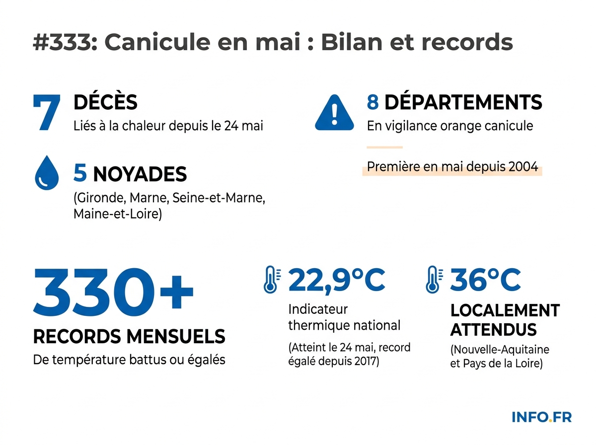 Bilan canicule mai 2026 en France: 7 décès, 8 départements en vigilance orange, plus de 330 records mensuels battus.