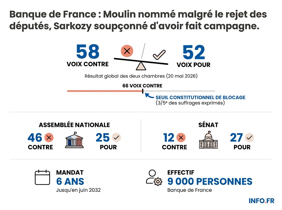 Résultats du vote parlementaire du 20 mai 2026 sur la nomination d'Emmanuel Moulin à la tête de la Banque de France.