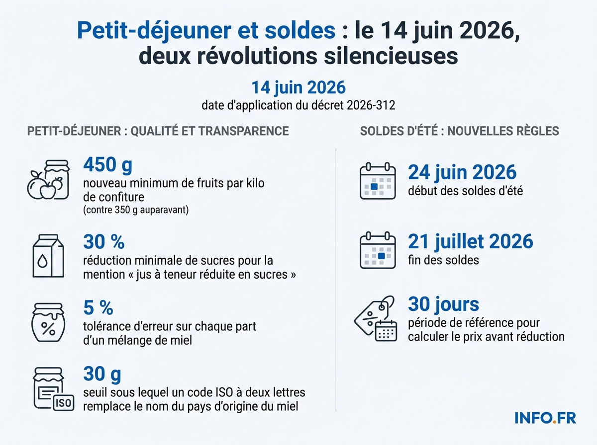 Calendrier et chiffres-clés de la réglementation française de juin 2026 sur l'étiquetage des produits du petit-déjeuner et les soldes d'été.