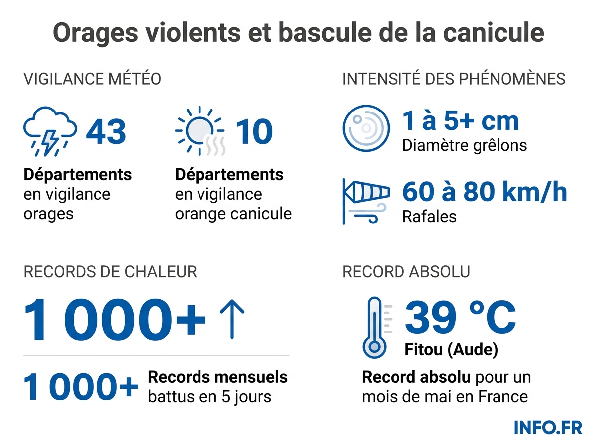 Carte des risques météorologiques en France pour le samedi 30 mai 2026: 43 départements en vigilance orages, 10 en orange canicule.