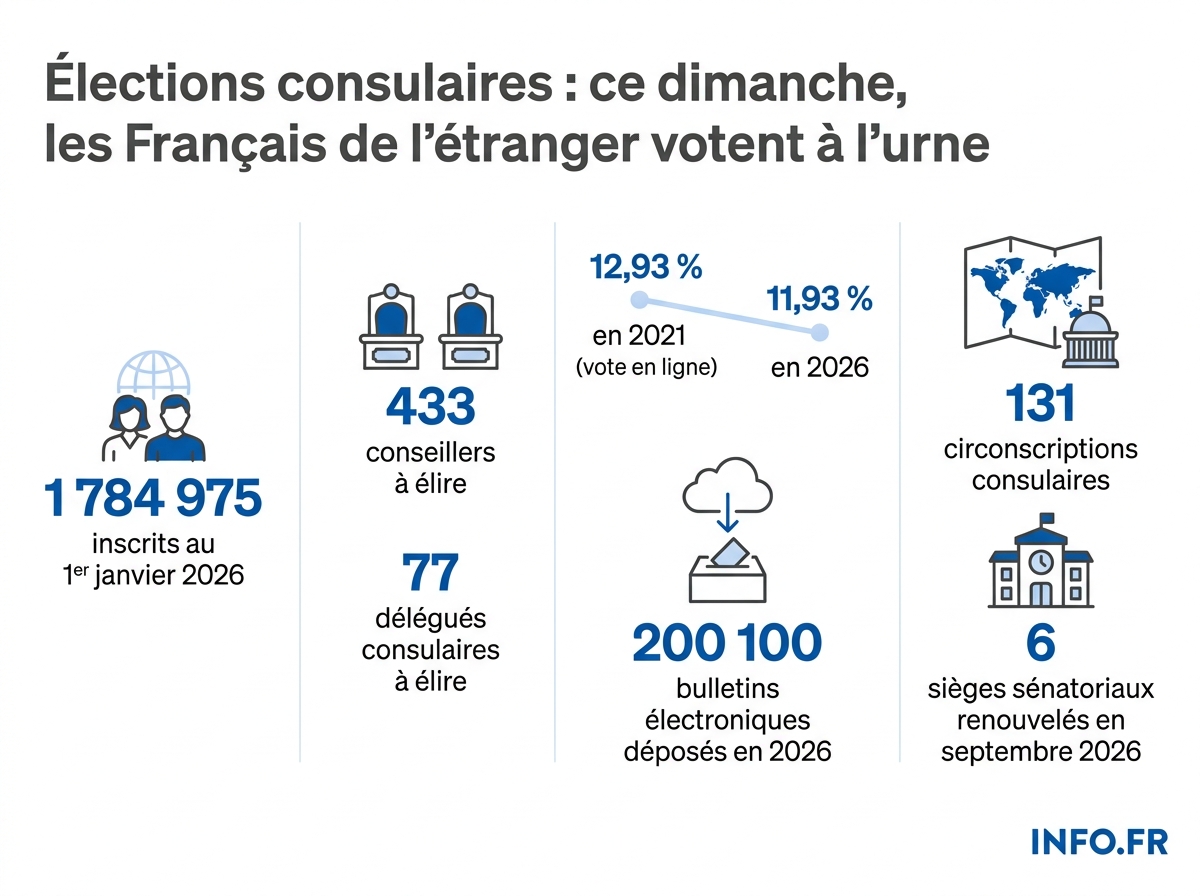 Élections consulaires 2026: chiffres clés du scrutin des Français de l'étranger, participation au vote en ligne et enjeux sénatoriaux.
