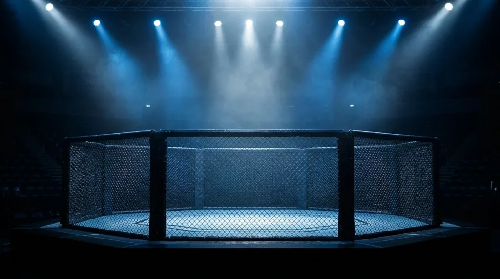 Octogone de MMA éclairé dans une arène sombre