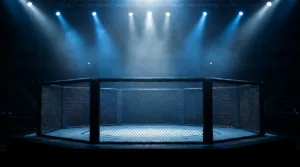 Octogone de MMA éclairé dans une arène sombre