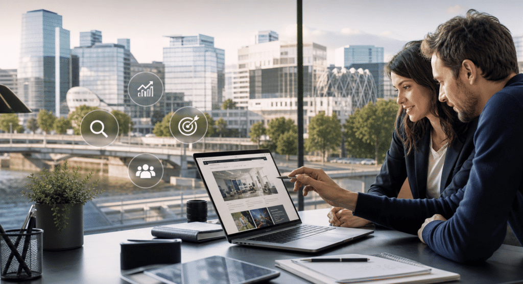Deux professionnels travaillant sur un site web dans une agence digitale à Boulogne-Billancourt, avec des icônes de SEO et de marketing