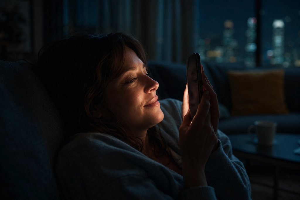 Une femme absorbée par son téléphone, le soir