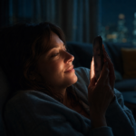 Une femme absorbée par son téléphone, le soir