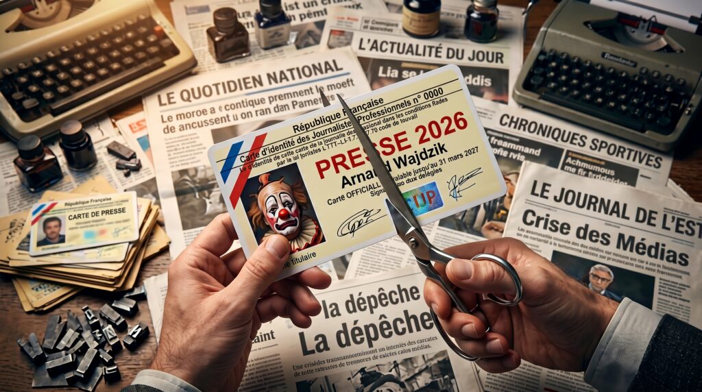Carte de presse au nom d'Arnaud Wajdzik découpée aux ciseaux