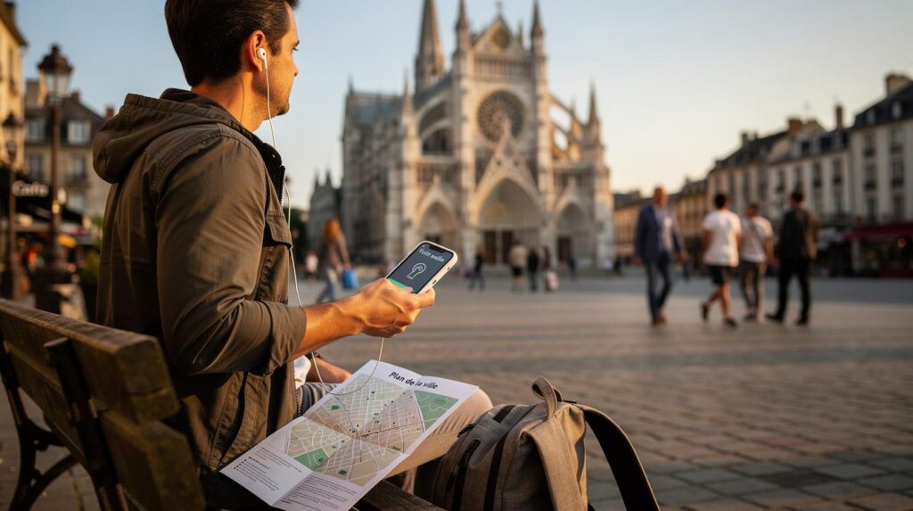 Visiteur avec ecouteurs utilisant l audioguide Ryo sur smartphone devant une cathedrale