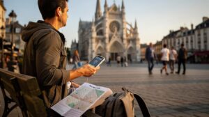 Visiteur avec ecouteurs utilisant l audioguide Ryo sur smartphone devant une cathedrale
