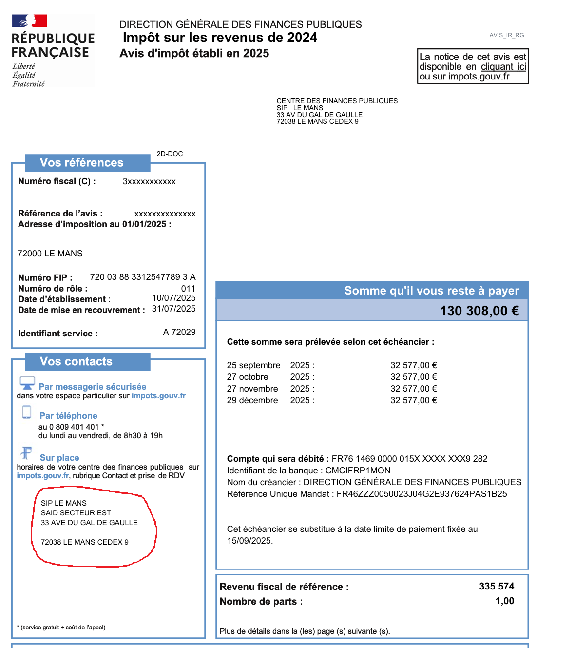 Avis d'imposition 2024 (recto)
