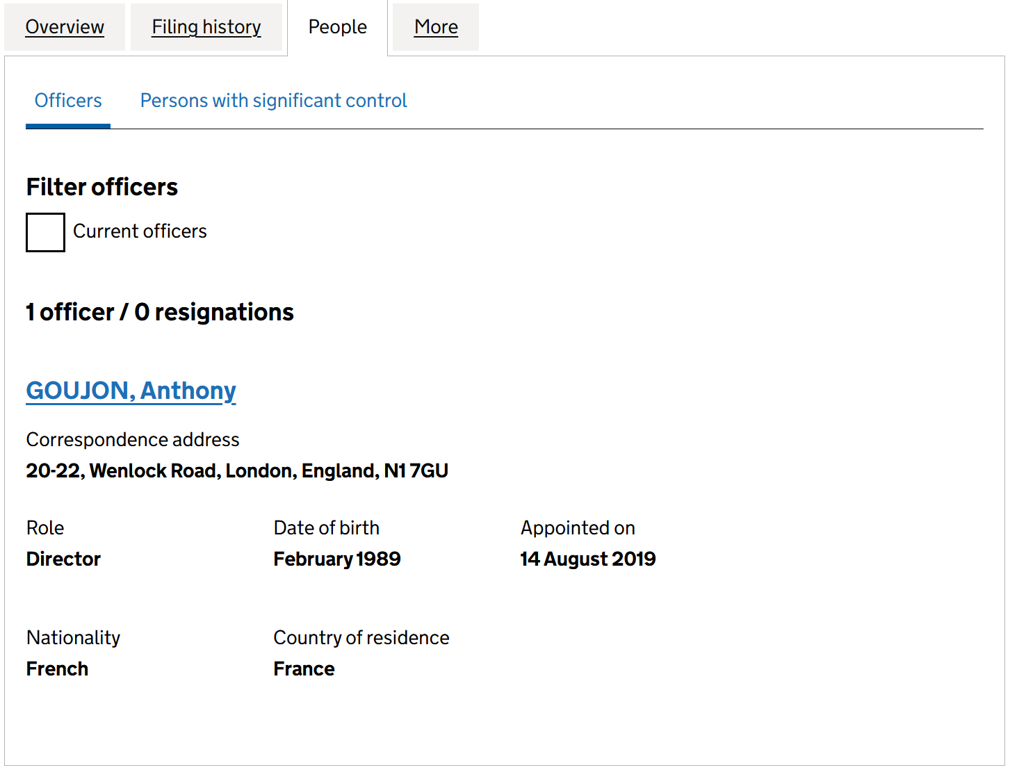 Fiche dirigeant du registre britannique Companies House