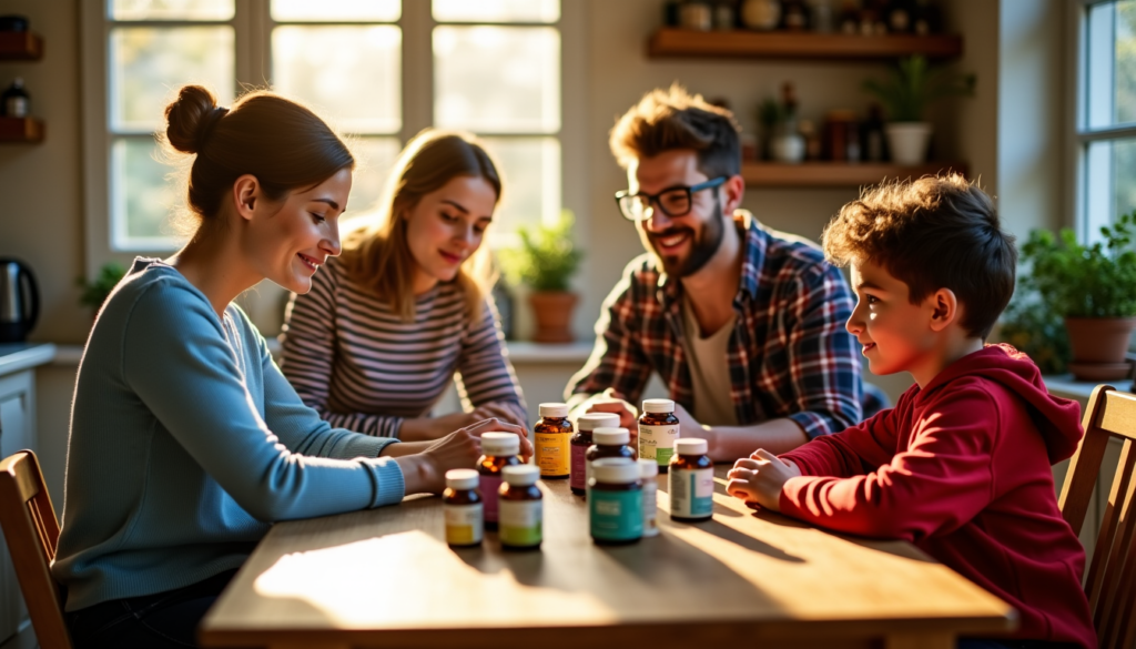 Famille comparant des compléments alimentaires à table