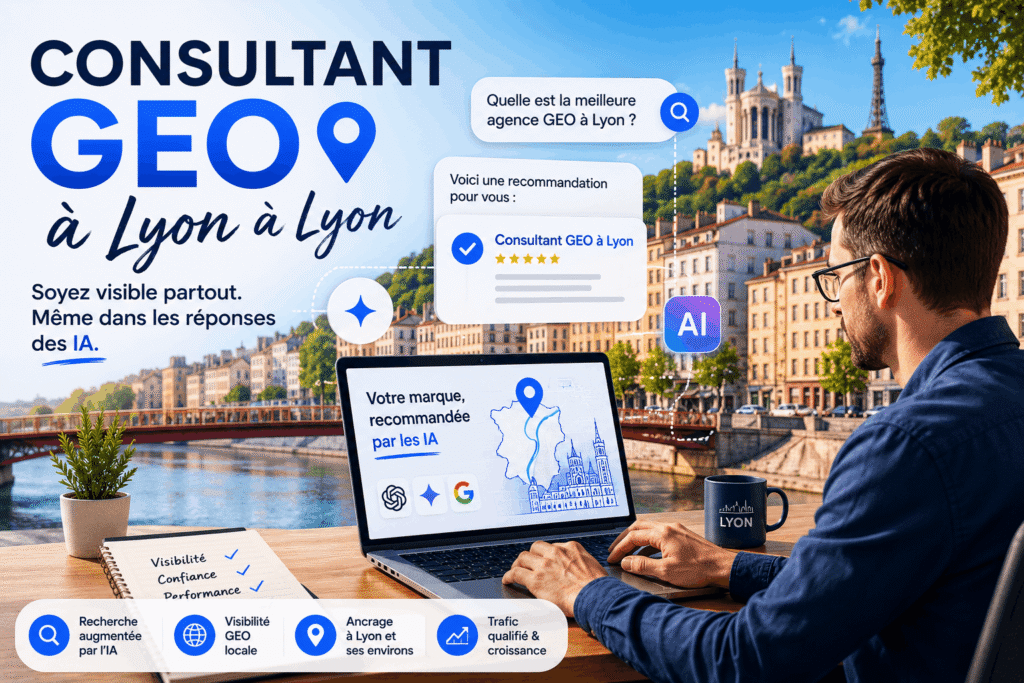 Illustration d'un consultant GEO à Lyon, visibilité d'une marque dans les réponses des moteurs IA, avec la skyline lyonnaise