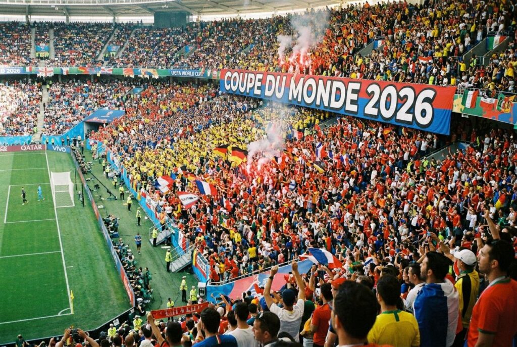 Tribunes en feu lors de la Coupe du Monde 2026, supporters et banderole