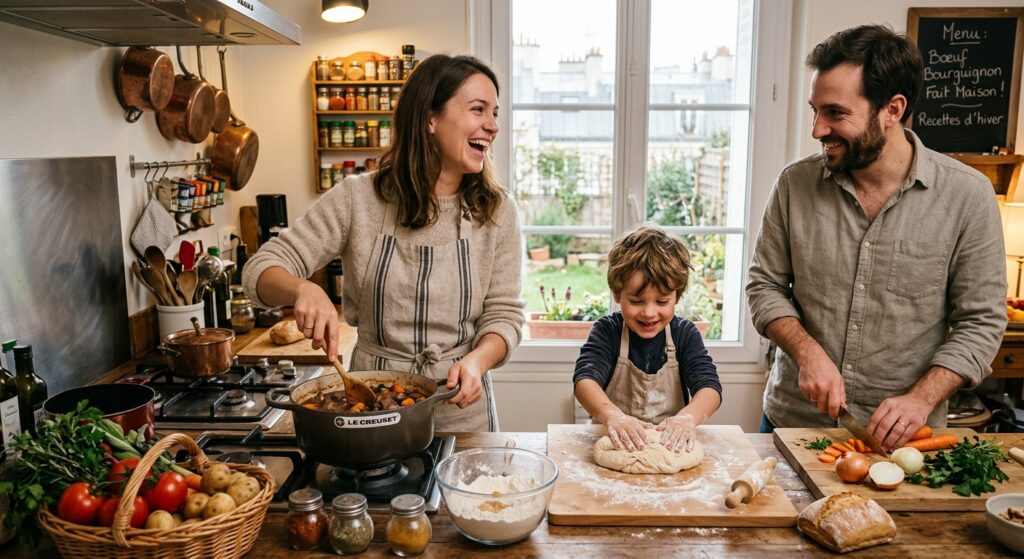 Famille preparant un repas fait maison dans sa cuisine