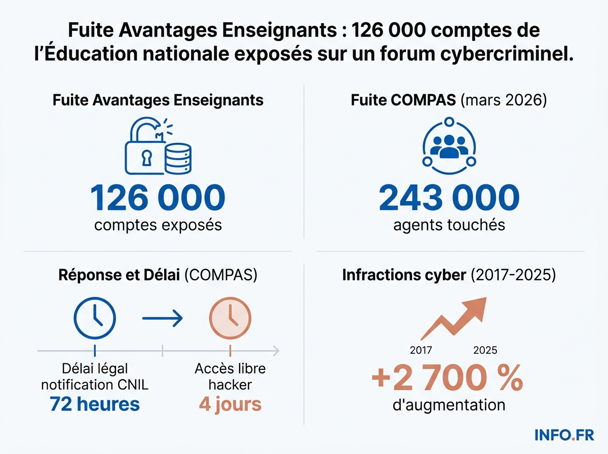 Chiffres clés de la fuite Avantages Enseignants et de la série de cyberattaques visant l'Éducation nationale en 2025-2026.
