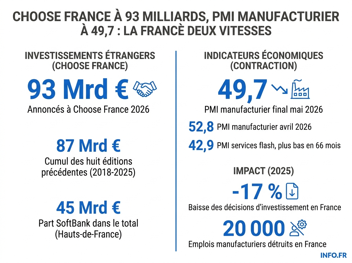 Comparaison entre les 93 milliards d'euros annoncés à Choose France 2026 et la contraction du PMI manufacturier français à 49,7 en mai 2026.