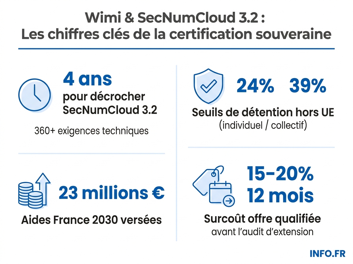 Les chiffres clés de la qualification SecNumCloud 3.2 obtenue par Wimi auprès de l'ANSSI.