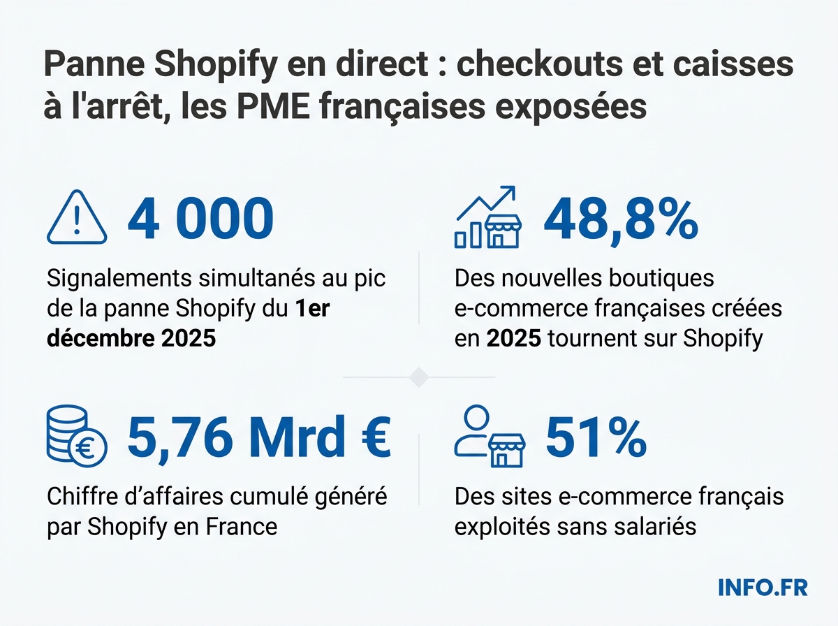Données clés sur la place de Shopify dans le e-commerce français et la vulnérabilité des PME face aux incidents techniques.
