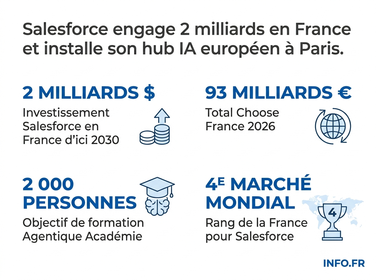 Comparatif des montants annoncés par Salesforce et par Choose France 2026, données issues du communiqué officiel et de la DGE.