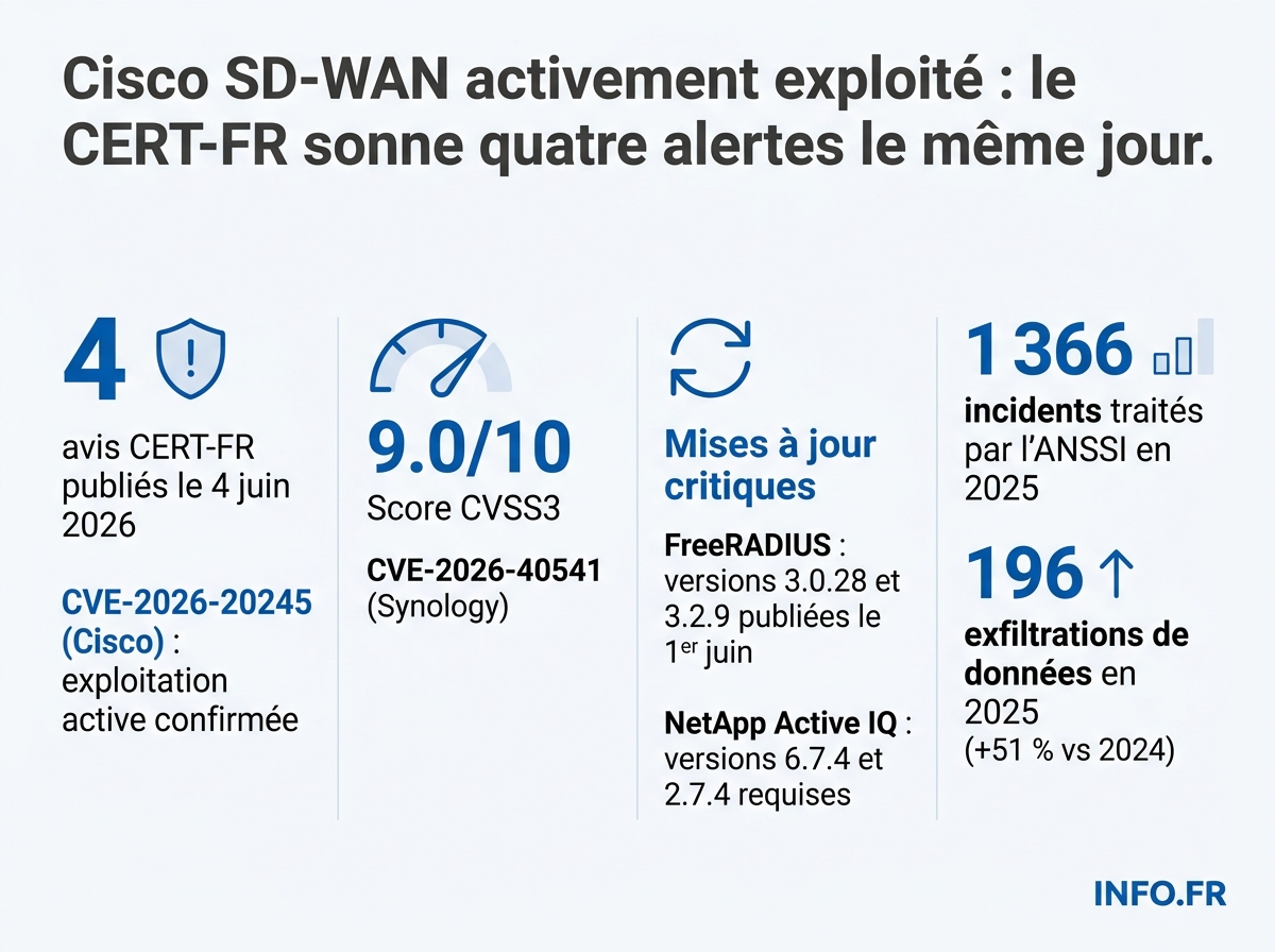 Synthèse des quatre avis de sécurité publiés par le CERT-FR le 4 juin 2026 et chiffres clés de l'ANSSI pour 2025.
