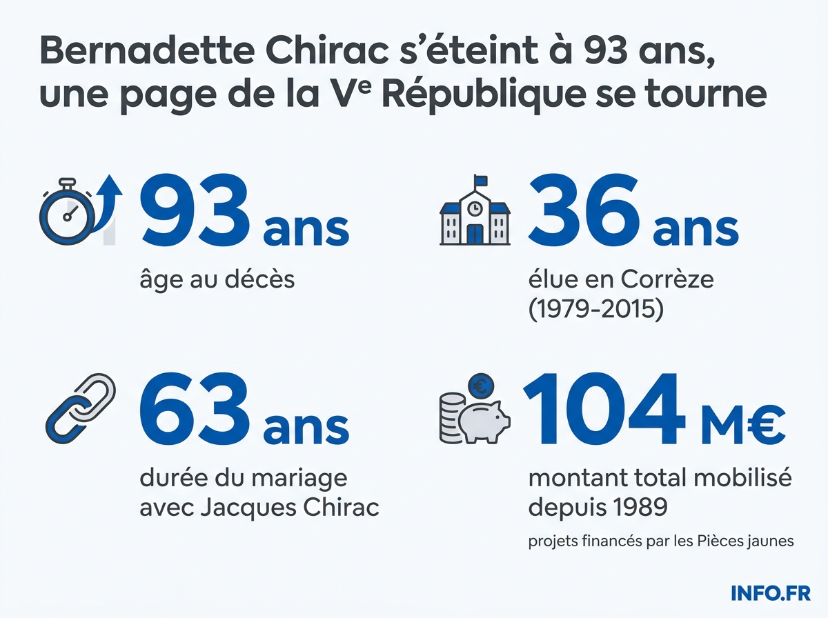 Les chiffres clés de la vie publique de Bernadette Chirac, de son mandat corrézien aux Pièces jaunes.