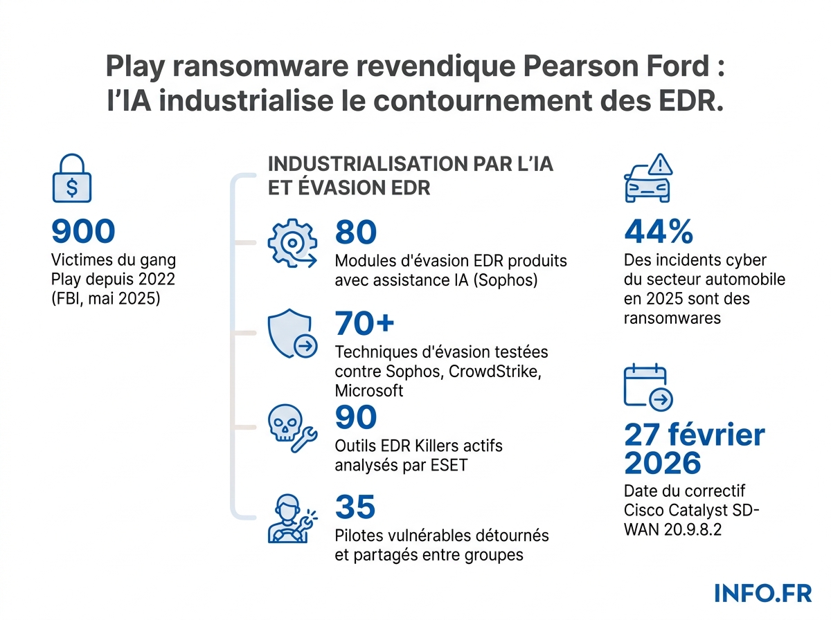Infographie chiffrée sur l'industrialisation des outils de contournement EDR et l'activité du gang Play en 2025-2026.