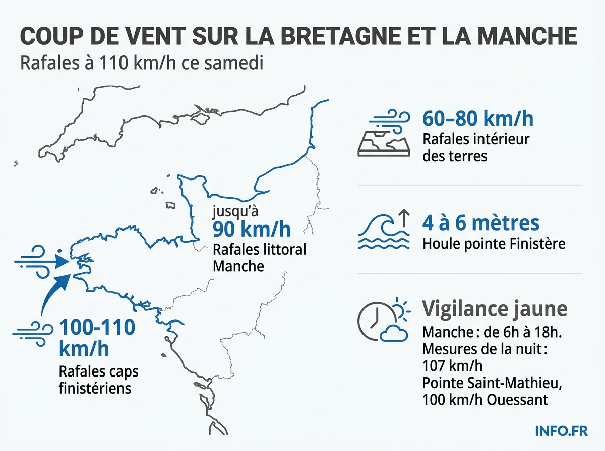 Carte des rafales maximales attendues sur la Bretagne et la Manche ce samedi 6 juin 2026, avec rappel des mesures de la nuit et du précédent Miguel.
