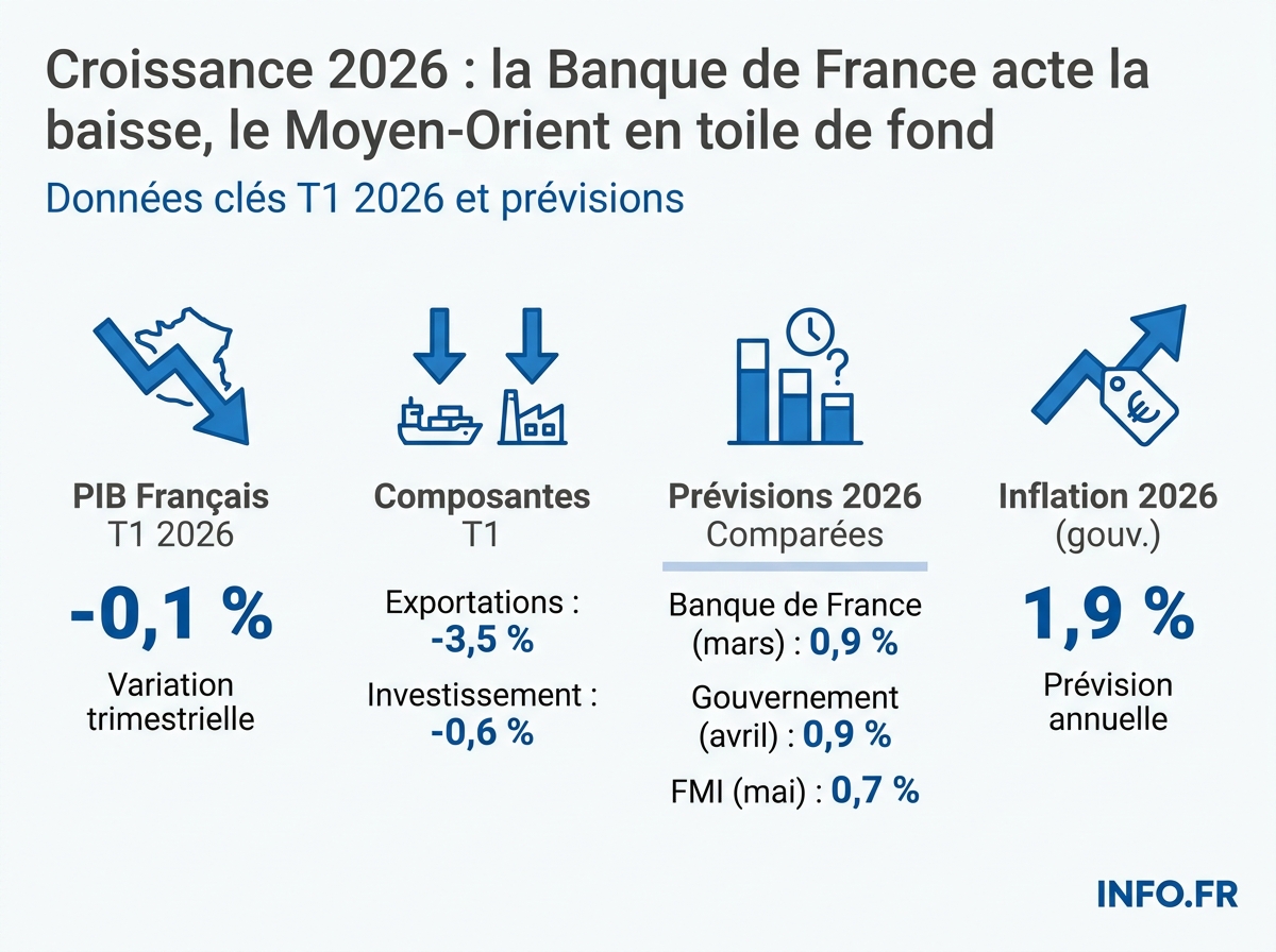 Évolution des prévisions de croissance française pour 2026: Banque de France, gouvernement et FMI.