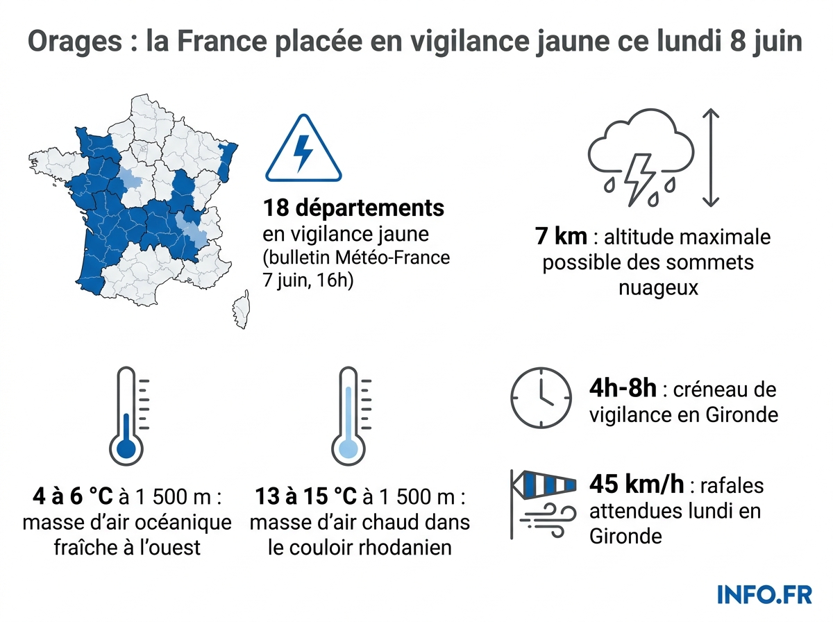 Carte des départements français en vigilance jaune orages pour lundi 8 juin 2026 selon Météo-France.