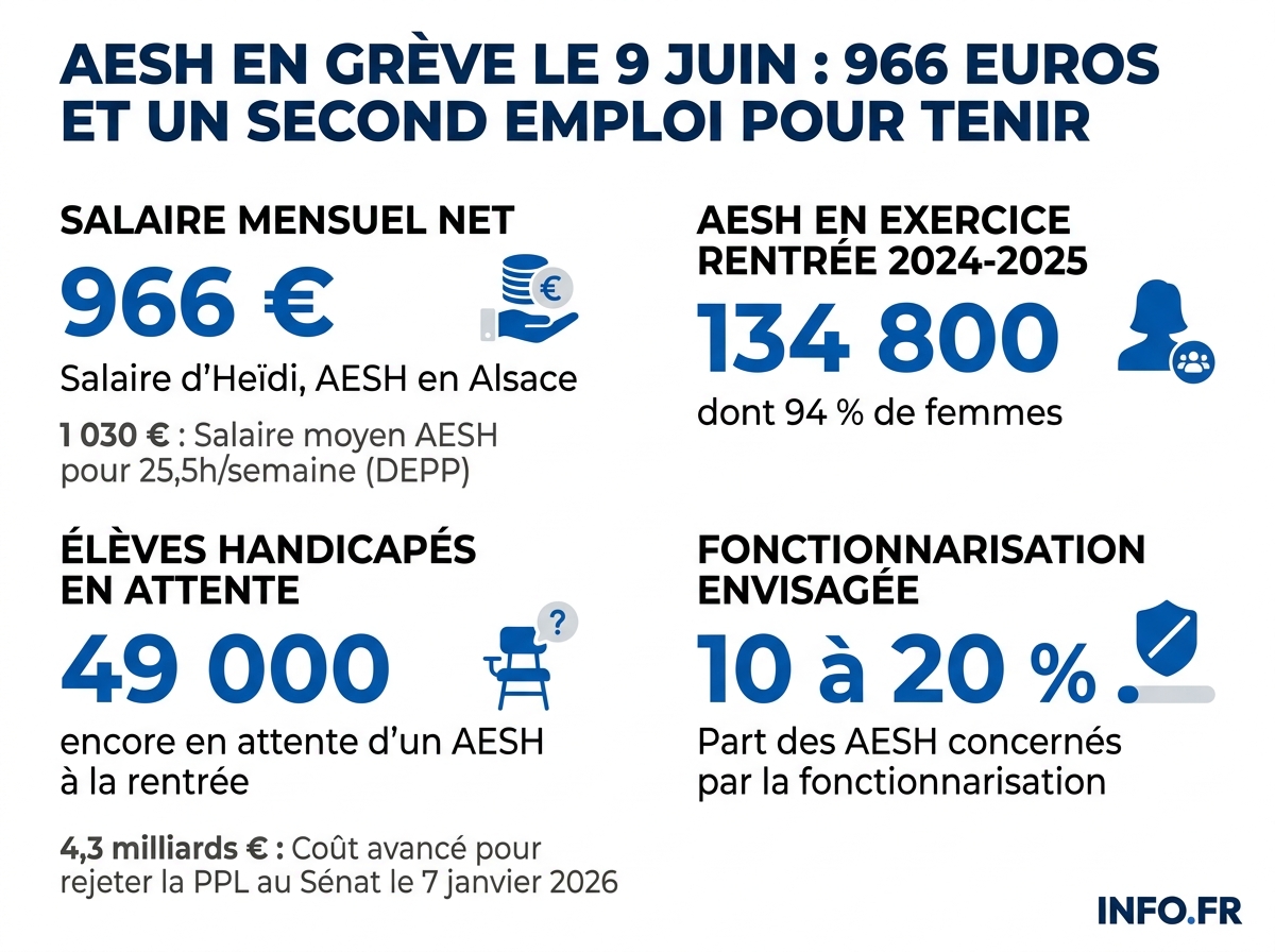 Infographie: les chiffres clés de la mobilisation nationale des AESH du 9 juin 2026 (salaires, effectifs, projet ministériel).