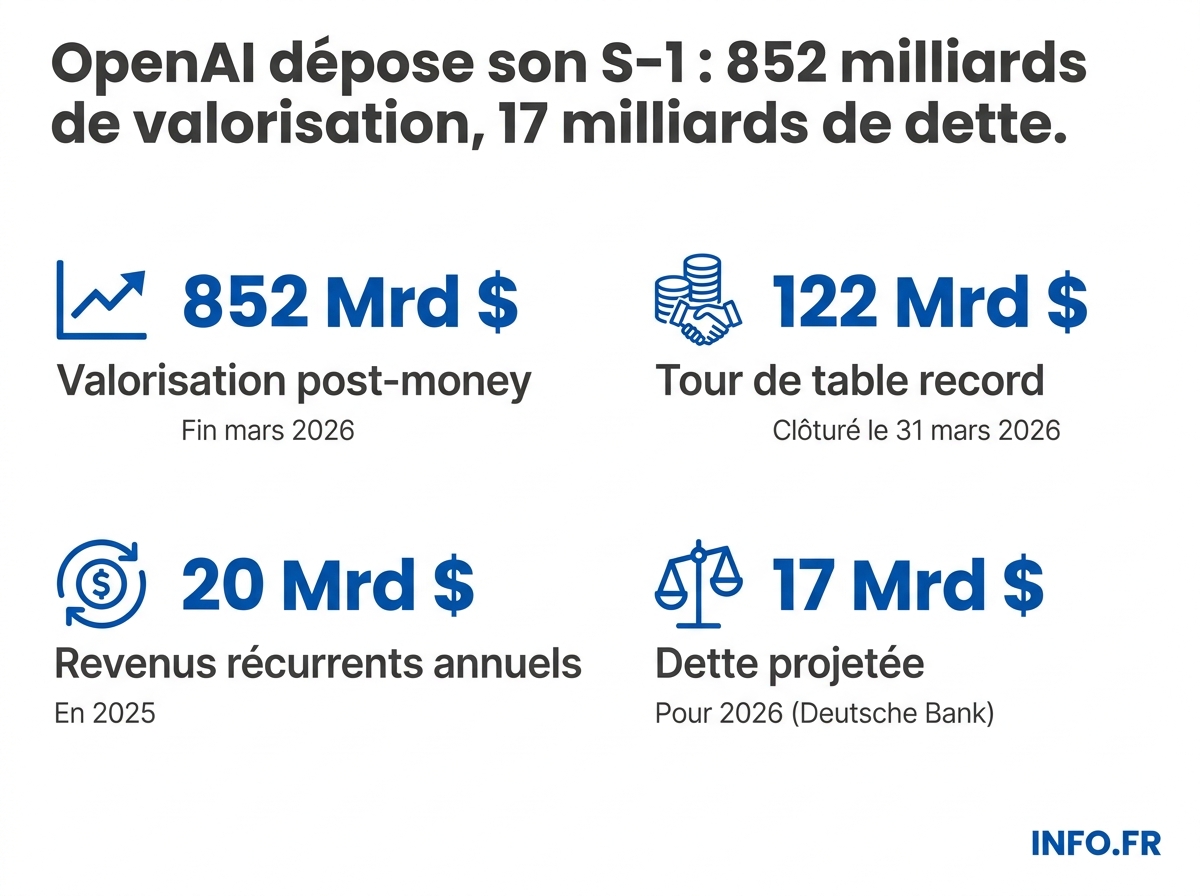 Infographie des chiffres clés d'OpenAI au moment du dépôt de son formulaire S-1 confidentiel à la SEC en juin 2026.