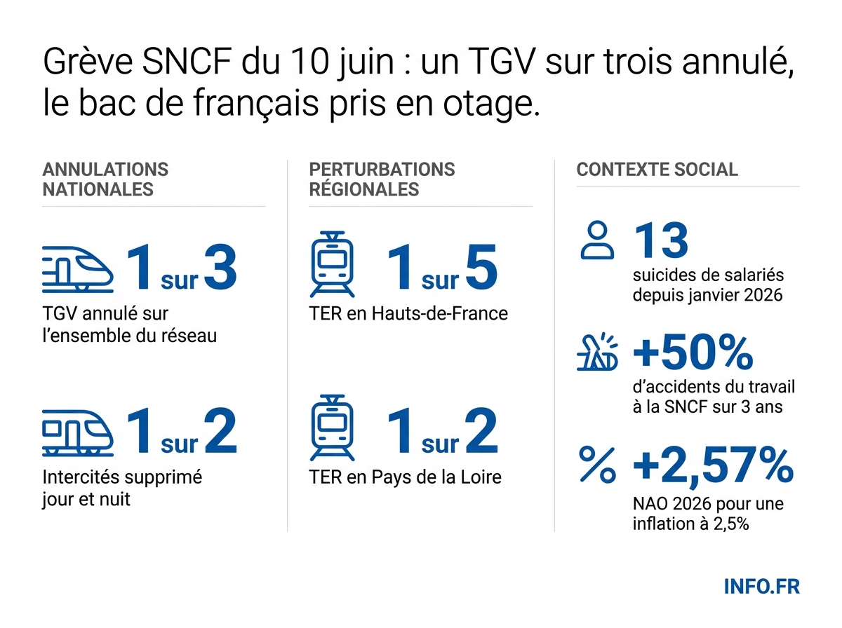 Les chiffres clés de la grève SNCF du 10 juin 2026: perturbations attendues sur le réseau ferroviaire et indicateurs sociaux des cheminots.