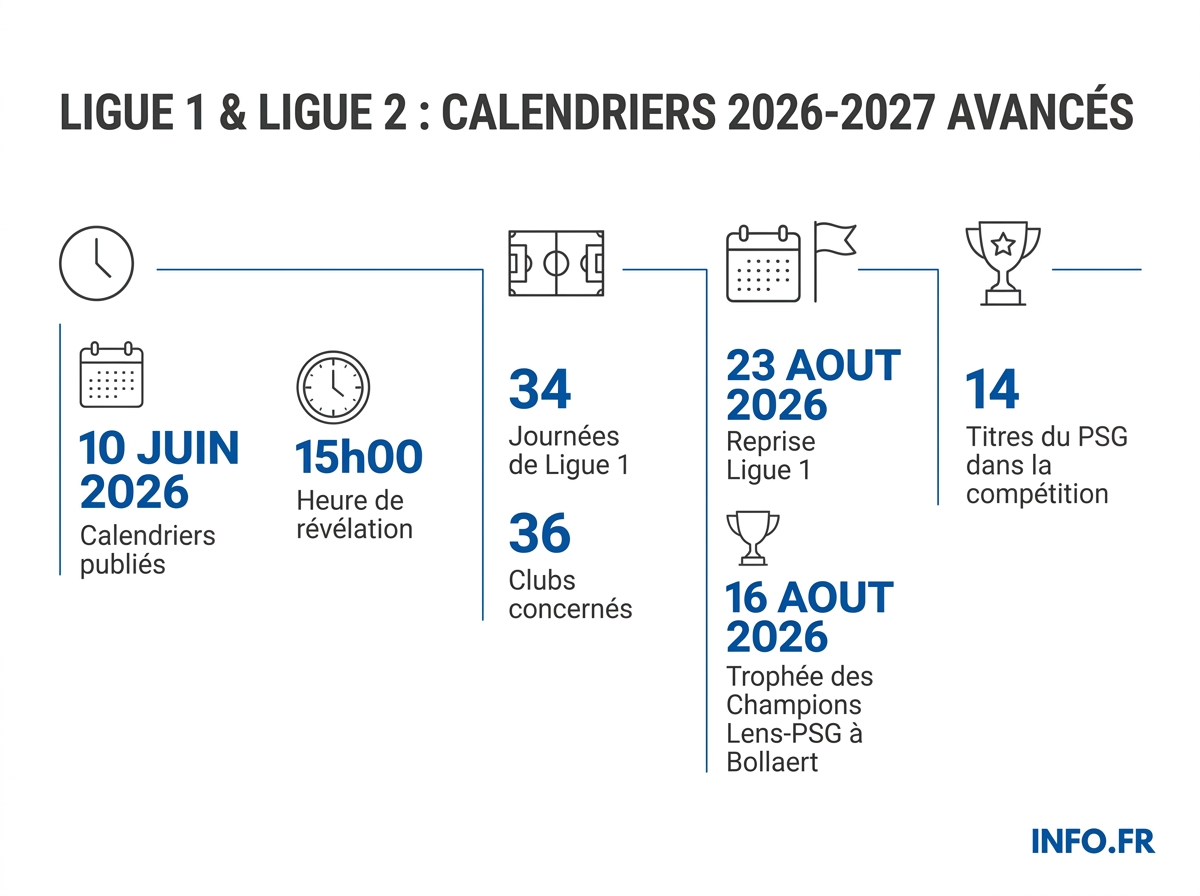 Infographie: les dates clés de la saison 2026-2027 de Ligue 1 et Ligue 2 publiées par la LFP.