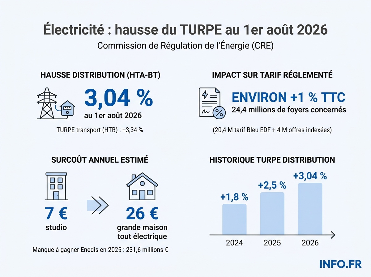 Décomposition de la hausse du TURPE au 1er août 2026: taux d'évolution, foyers concernés et impact sur la facture.