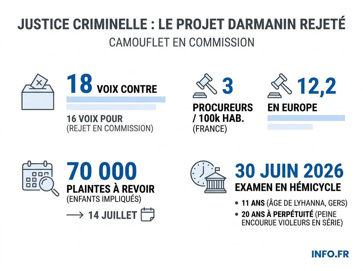 Données clés du rejet du projet de loi Darmanin sur la justice criminelle en commission des lois de l'Assemblée le 10 juin 2026.