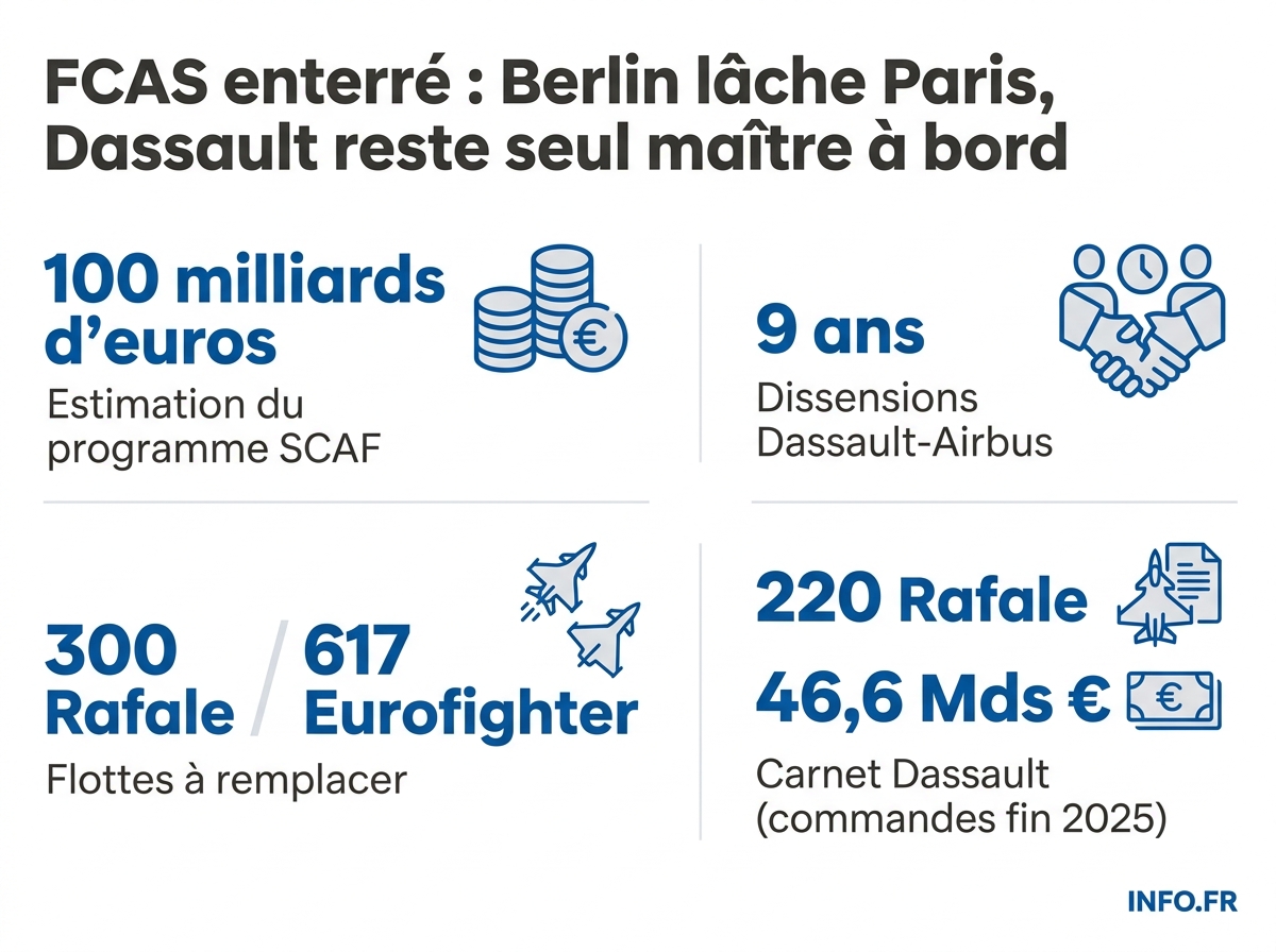 Données clés sur l'abandon du programme franco-allemand FCAS et le lancement du consortium allemand Team Gen 6 en juin 2026.
