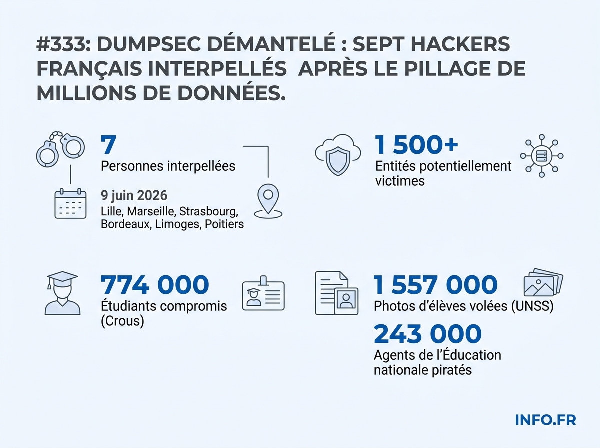 Infographie récapitulative du démantèlement du groupe de hackers DumpSec par l'OFAC en juin 2026.