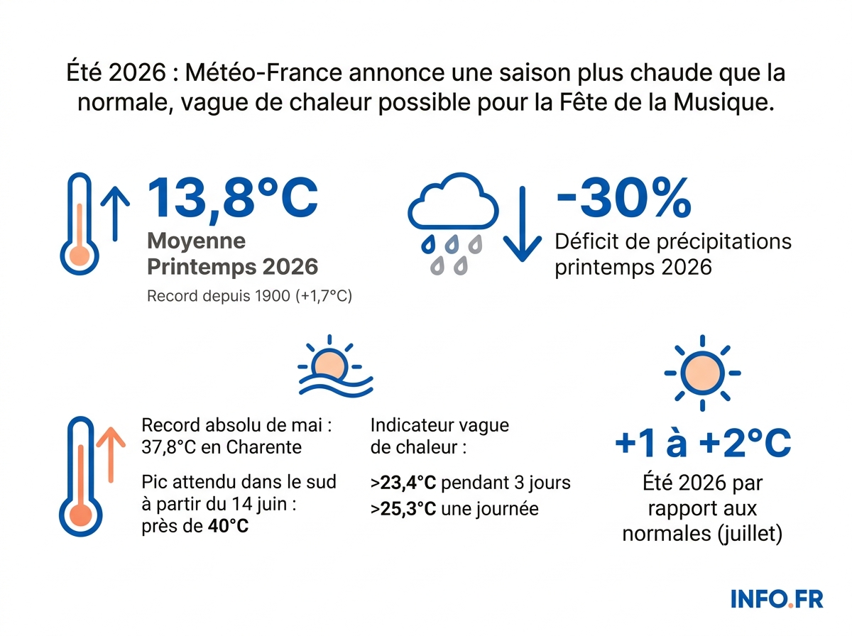 Données climatiques clés du printemps 2026 et prévisions Météo-France pour l'été 2026 en France.