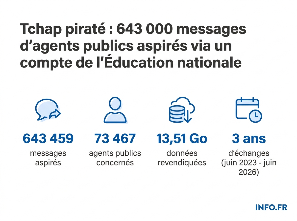 Infographie sur l'ampleur de la cyberattaque visant Tchap, la messagerie chiffrée de l'État français, en juin 2026.